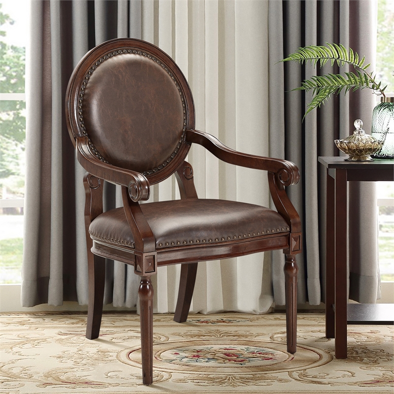 Pemberly Row Faux Leather Accent Chair with Nailhead Trim in Dark Brown