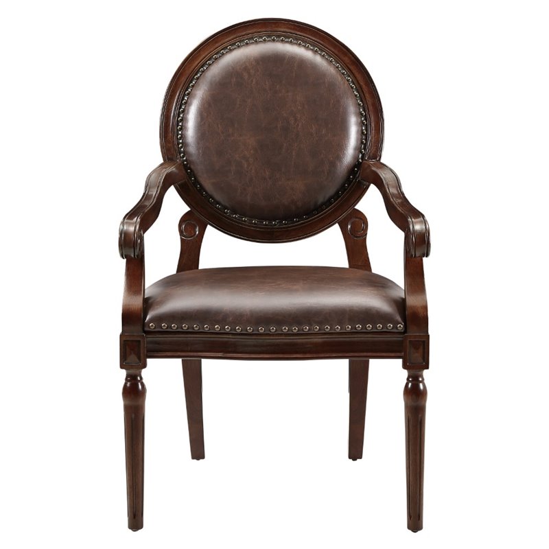 Pemberly Row Faux Leather Accent Chair with Nailhead Trim in Dark Brown