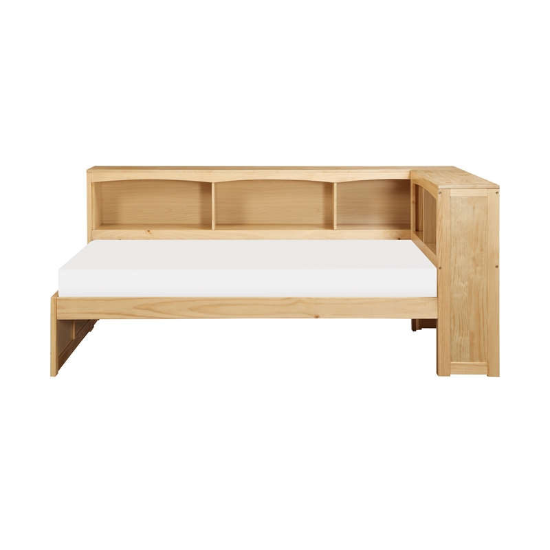 Pemberly Row Pine Wood Twin Bookcase Corner Bed in Natural Pine