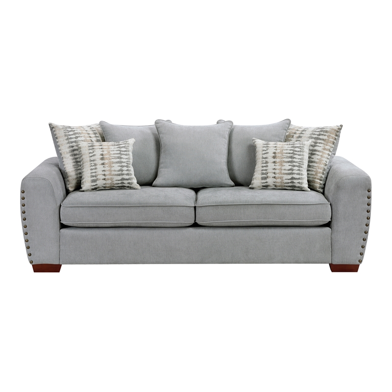 Pemberly Row Chenille Scatter Back Sofa with Nailhead Trim and 7 Pillows in Gray