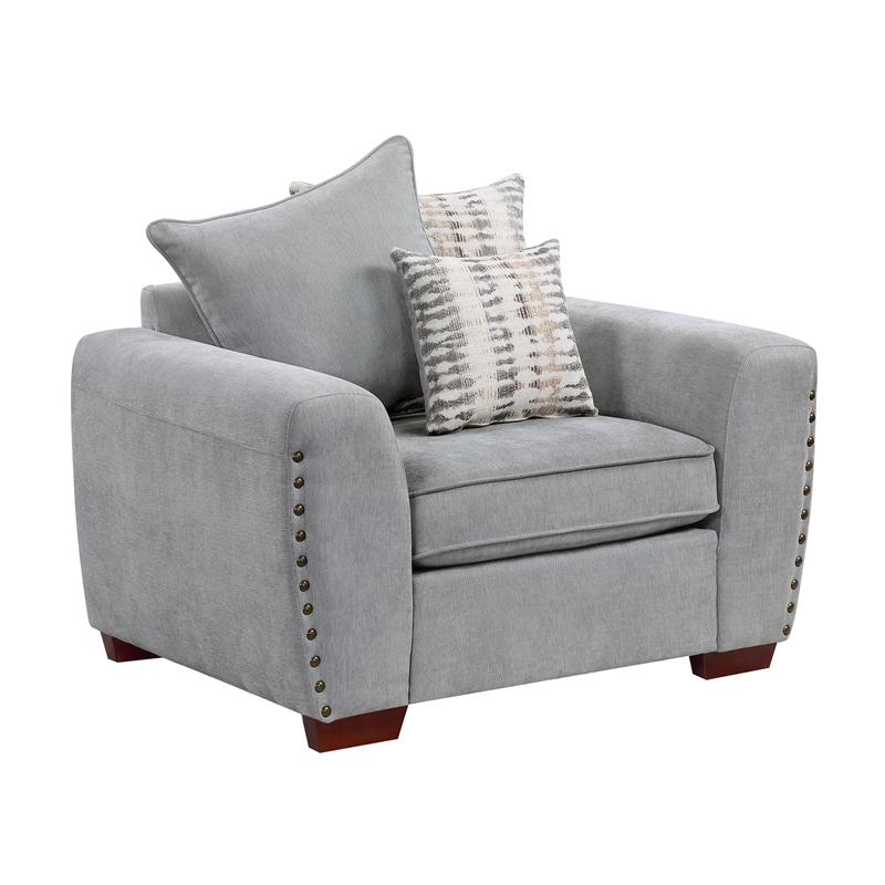 Pemberly Row Chenille Scatter Back Sofa with Nailhead Trim and 7 Pillows in Gray