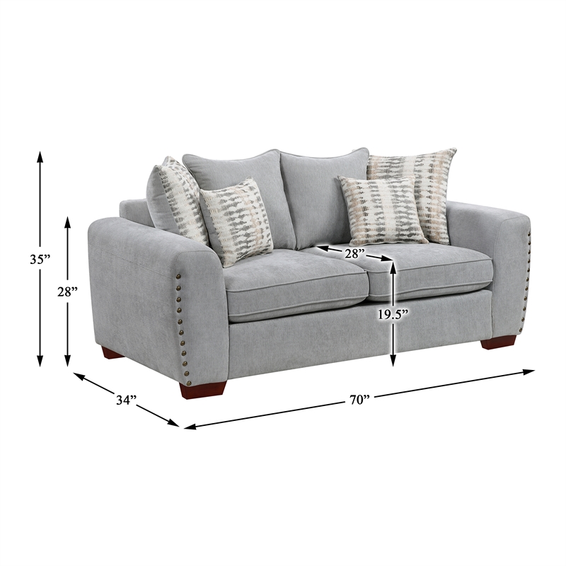 Pemberly Row Chenille Scatter Back Sofa with Nailhead Trim and 7 Pillows in Gray