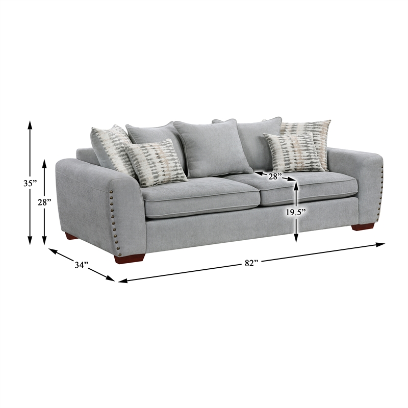 Pemberly Row Chenille Scatter Back Sofa with Nailhead Trim and 7 Pillows in Gray