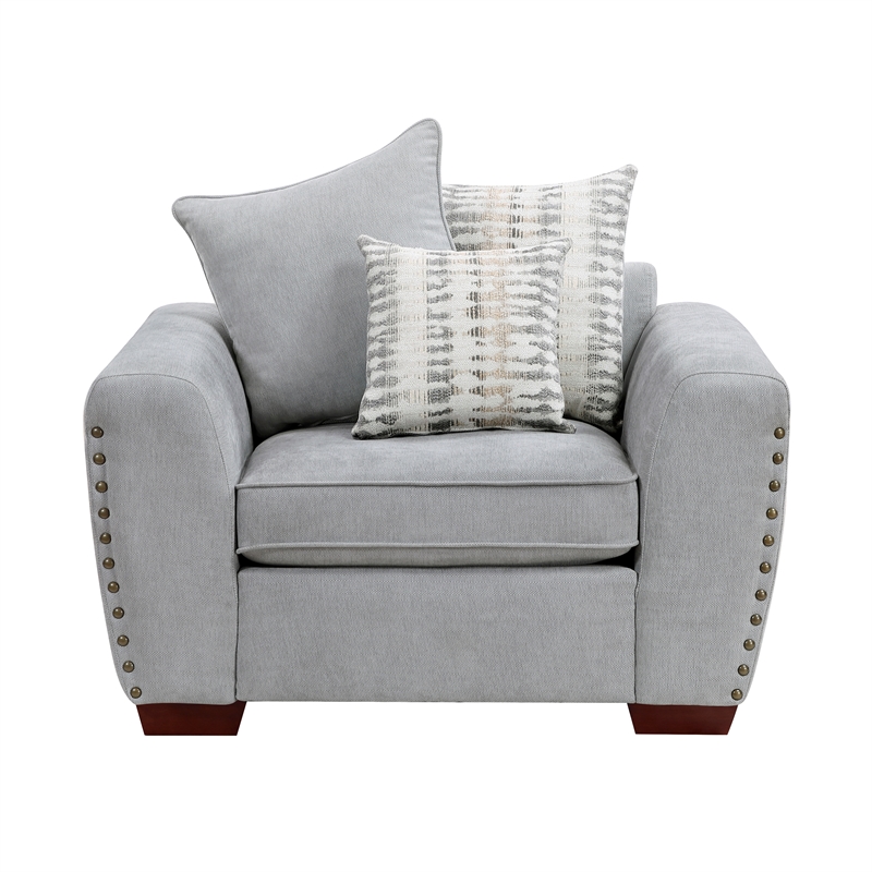 Pemberly Row Chenille Scatter Back Sofa with Nailhead Trim and 7 Pillows in Gray