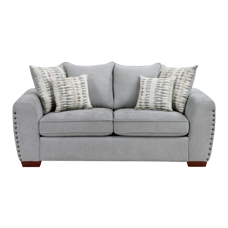 Pemberly Row Chenille Scatter Back Sofa with Nailhead Trim and 7 Pillows in Gray