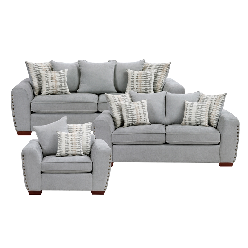 Pemberly Row Chenille Scatter Back Sofa with Nailhead Trim and 7 Pillows in Gray