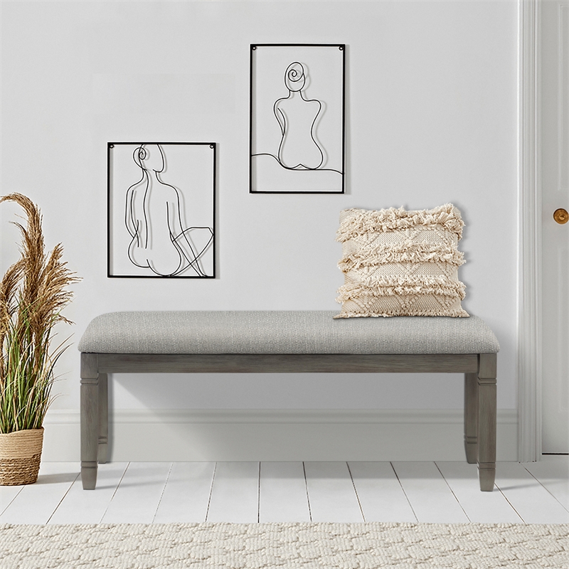 Pemberly Row Pine Wood Upholstered Dining Bench with 300 lb Capacity in Gray