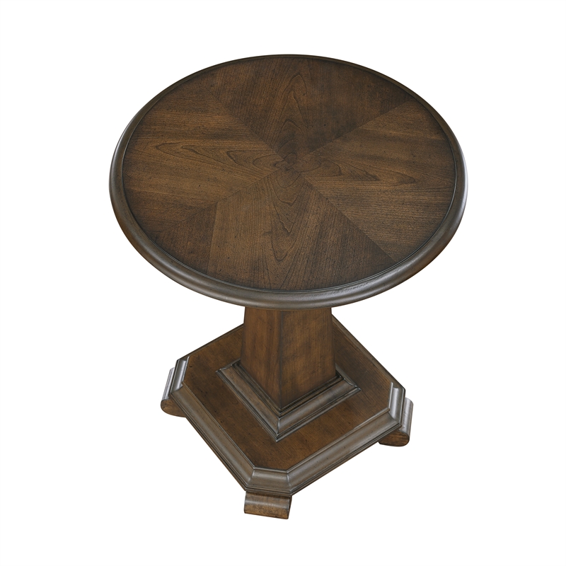 Pemberly Row Cherry Veneer Round Pedestal End Table with Carved Legs in Brown