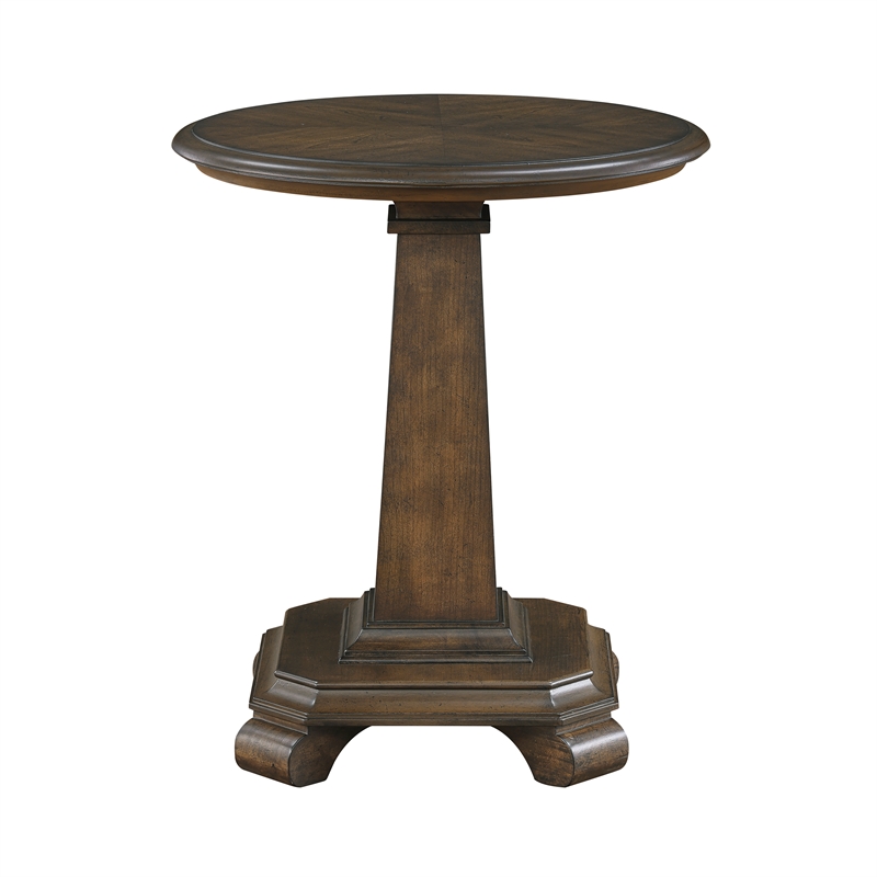 Pemberly Row Cherry Veneer Round Pedestal End Table with Carved Legs in Brown