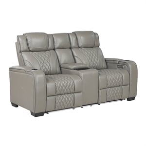Pemberly Row Leather Power Double Reclining Loveseat with Console in Gray