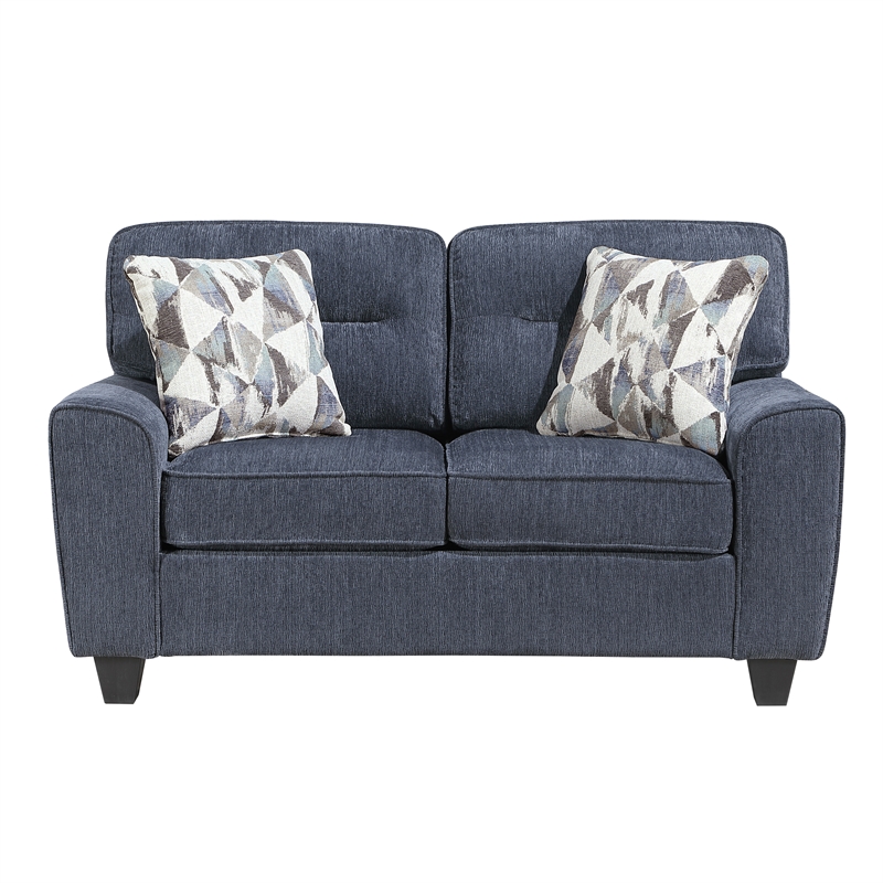 Pemberly Row Chenille Loveseat with 2 Decorative Pillows & Pocket Coils in Blue