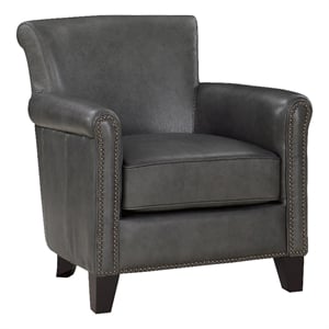 Pemberly Row 20.5&quot Top Grain Leather Accent Chair with Nailhead Trim in Gray