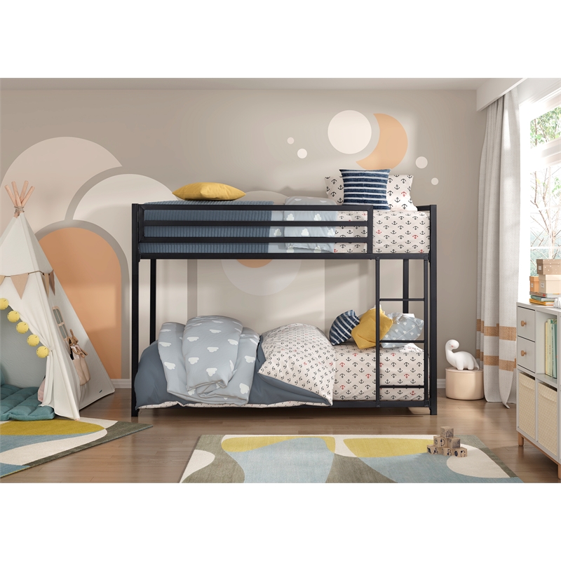 Pemberly Row Twin Over Twin Metal Bunk Bed with Ladder in Black
