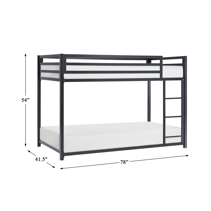 Pemberly Row Twin Over Twin Metal Bunk Bed with Ladder in Black