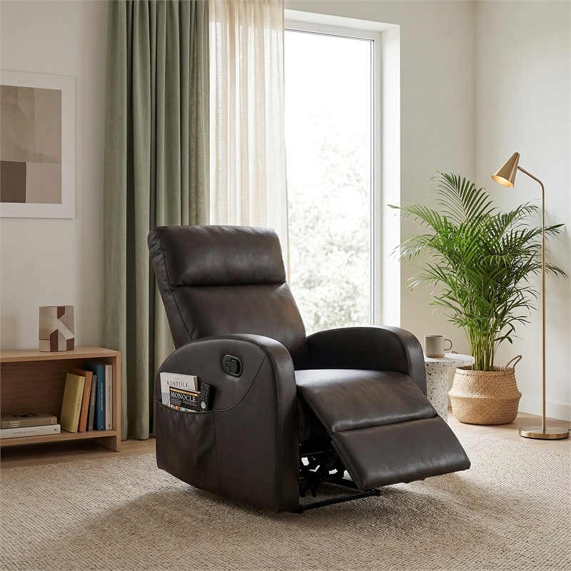 Pemberly Row Faux Leather Espresso Wall-Hugger Reclining Chair with Side Pocket