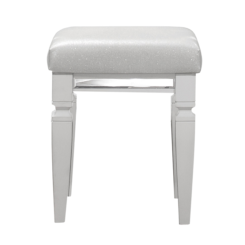 Pemberly Row Mirrored Faux Leather Vanity Stool with Metallic Finish in White