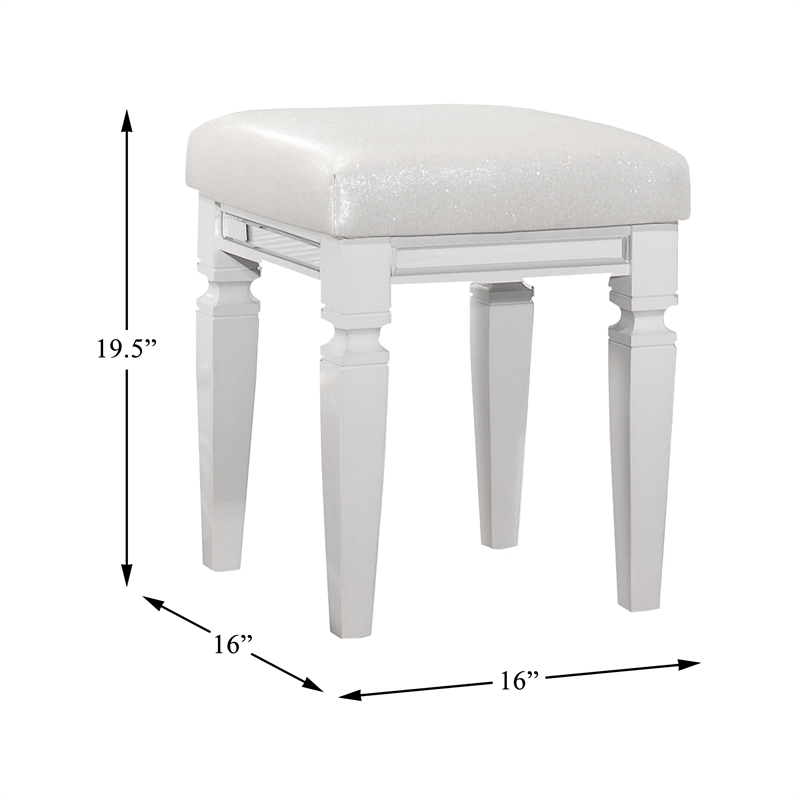Pemberly Row Mirrored Faux Leather Vanity Stool with Metallic Finish in White