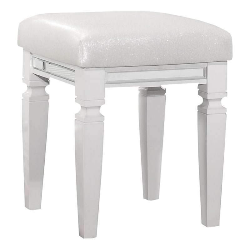 Pemberly Row Mirrored Faux Leather Vanity Stool with Metallic Finish in White