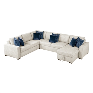 Pemberly Row Microfiber 4-Piece Sectional with Pull-Out Bed and Chaise in Beige