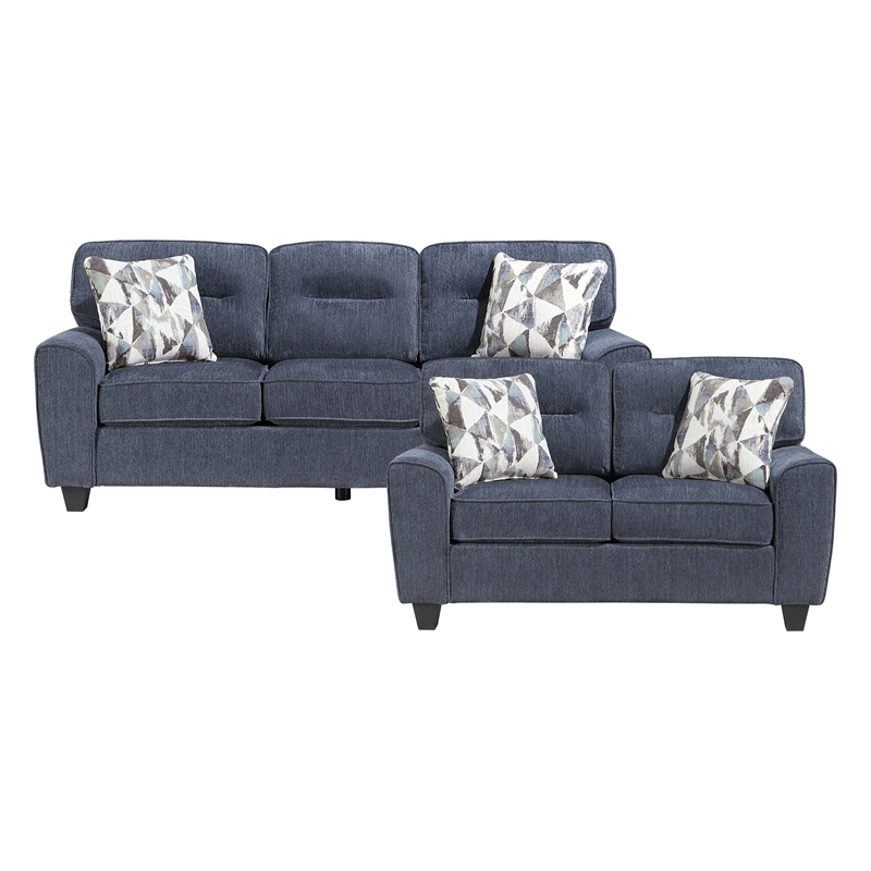 Pemberly Row Chenille Sofa and Loveseat Set with Reversible Cushions in Blue