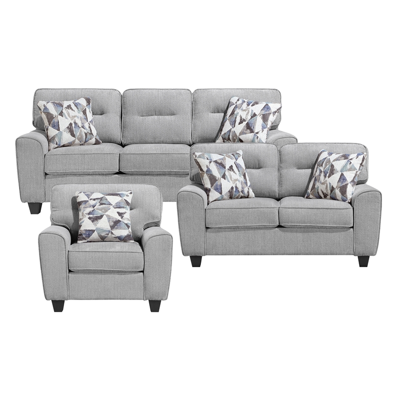 Pemberly Row Chenille 3-Piece Sofa Loveseat and Chair Set with Pillows in Gray