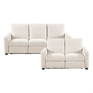 Pemberly Row Chenille Power Reclining Sofa and Loveseat Set with USB in Beige