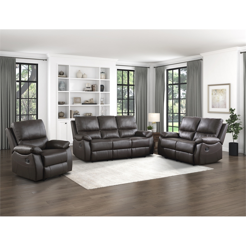 Pemberly Row Faux Leather Manual Reclining Chair with Pillow-Top Arms in Brown