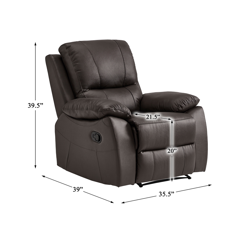 Pemberly Row Faux Leather Manual Reclining Chair with Pillow-Top Arms in Brown