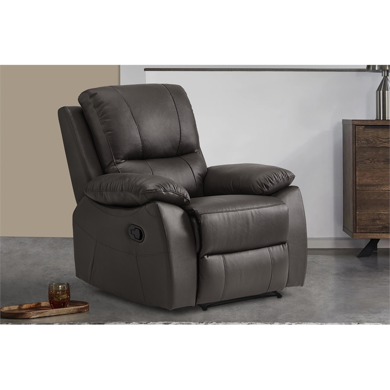 Pemberly Row Faux Leather Manual Reclining Chair with Pillow-Top Arms in Brown
