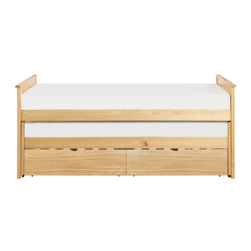 Pemberly Row Wood Twin Over Twin Bed with Trundle & Storage Boxes - Natural Pine