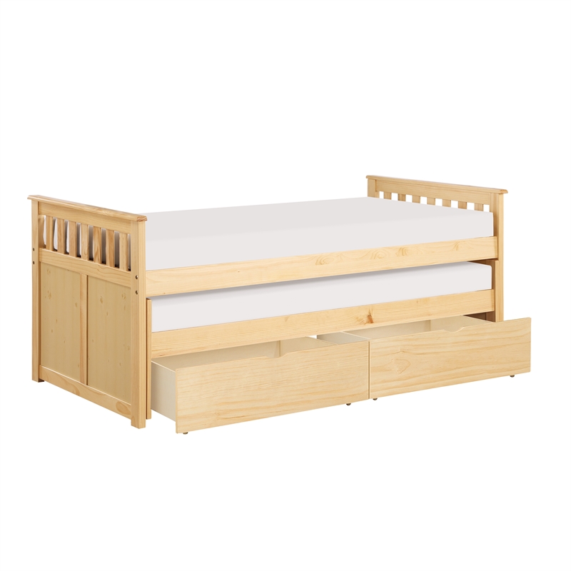 Pemberly Row Wood Twin Over Twin Bed with Trundle & Storage Boxes - Natural Pine