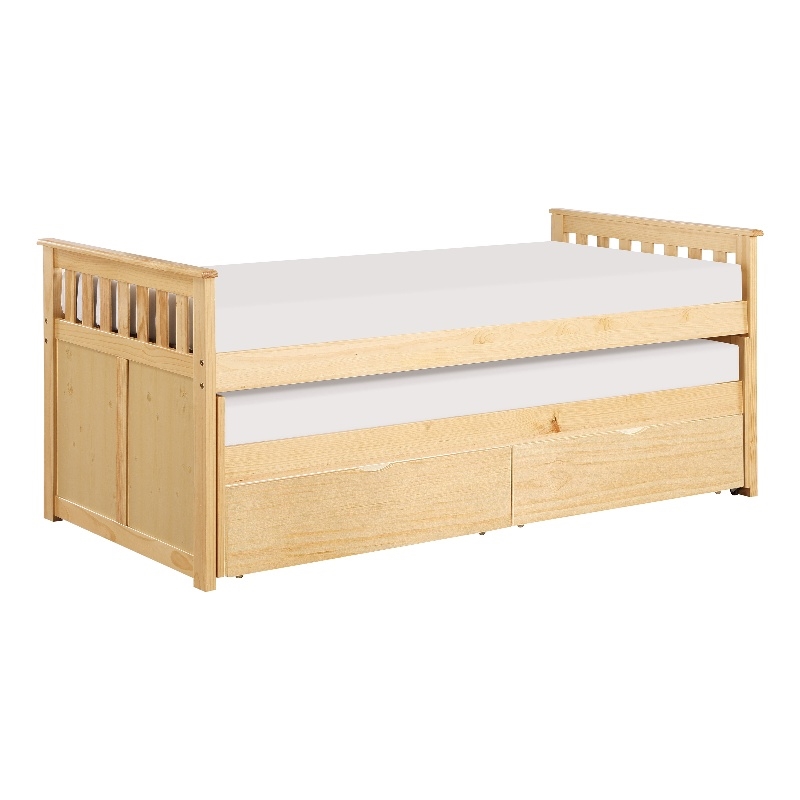 Pemberly Row Wood Twin Over Twin Bed with Trundle & Storage Boxes - Natural Pine