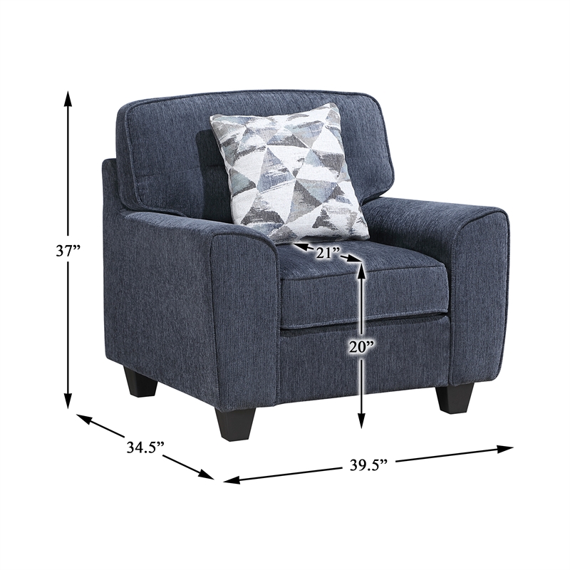Pemberly Row Chenille 3-Piece Sofa Loveseat and Chair Set with Pillows in Blue