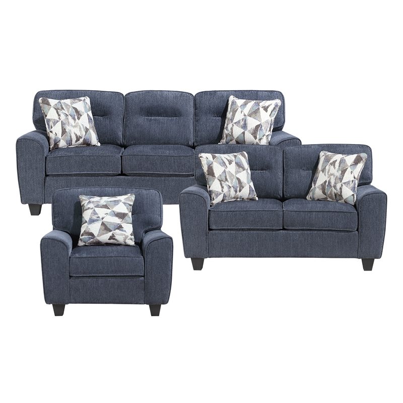 Pemberly Row Chenille 3-Piece Sofa Loveseat and Chair Set with Pillows in Blue
