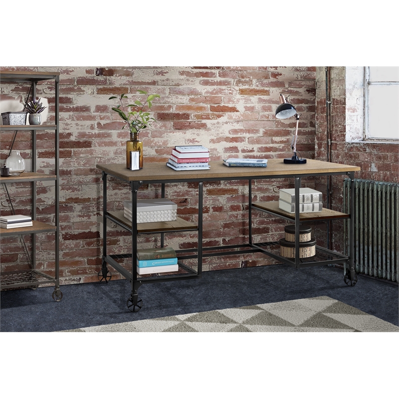 Pemberly Row Metal and Elm Veneer Writing Desk with 4 Open Shelves in Pine