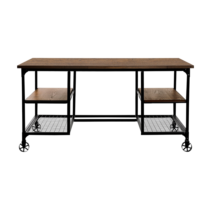 Pemberly Row Metal and Elm Veneer Writing Desk with 4 Open Shelves in Pine