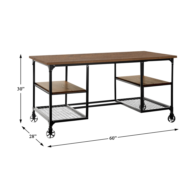 Pemberly Row Metal and Elm Veneer Writing Desk with 4 Open Shelves in Pine
