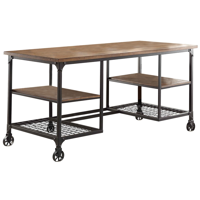 Pemberly Row Metal and Elm Veneer Writing Desk with 4 Open Shelves in Pine