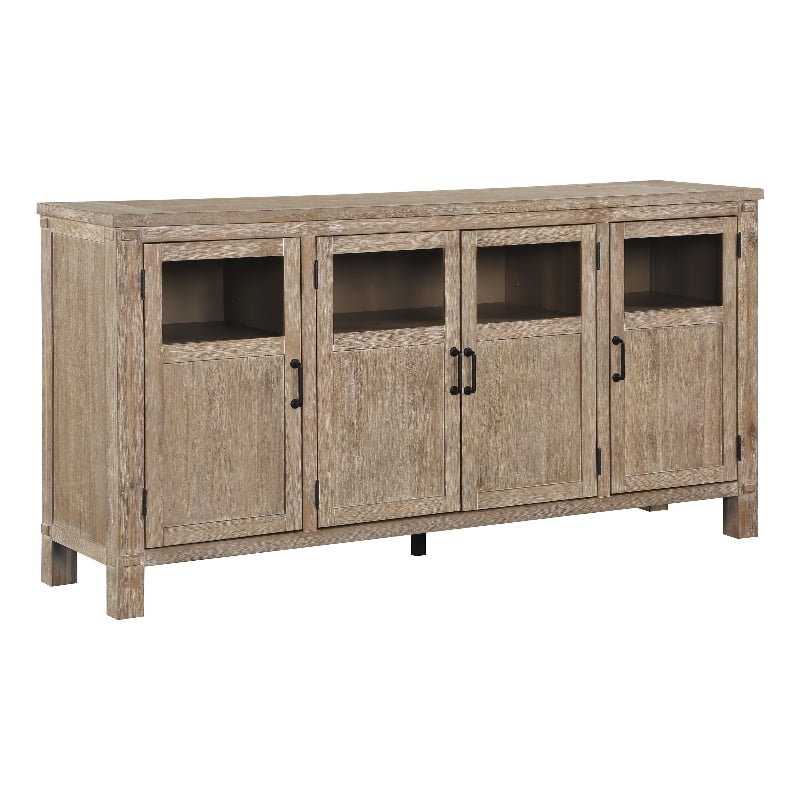 Pemberly Row Acacia Veneer Dining Server with Glass Door Cabinets in Light Oak