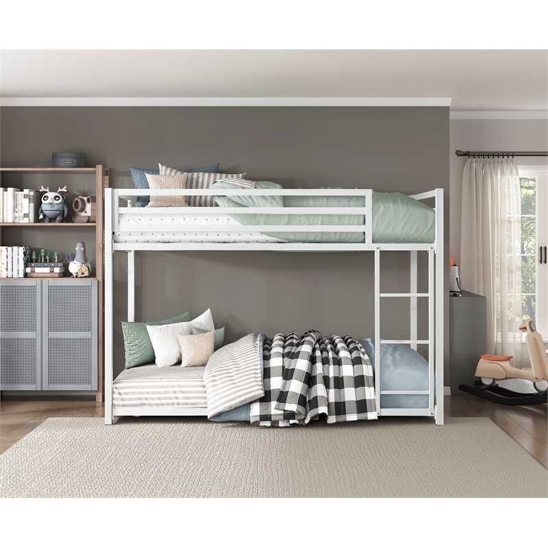 Pemberly Row Twin Over Twin Metal Bunk Bed with Ladder in White