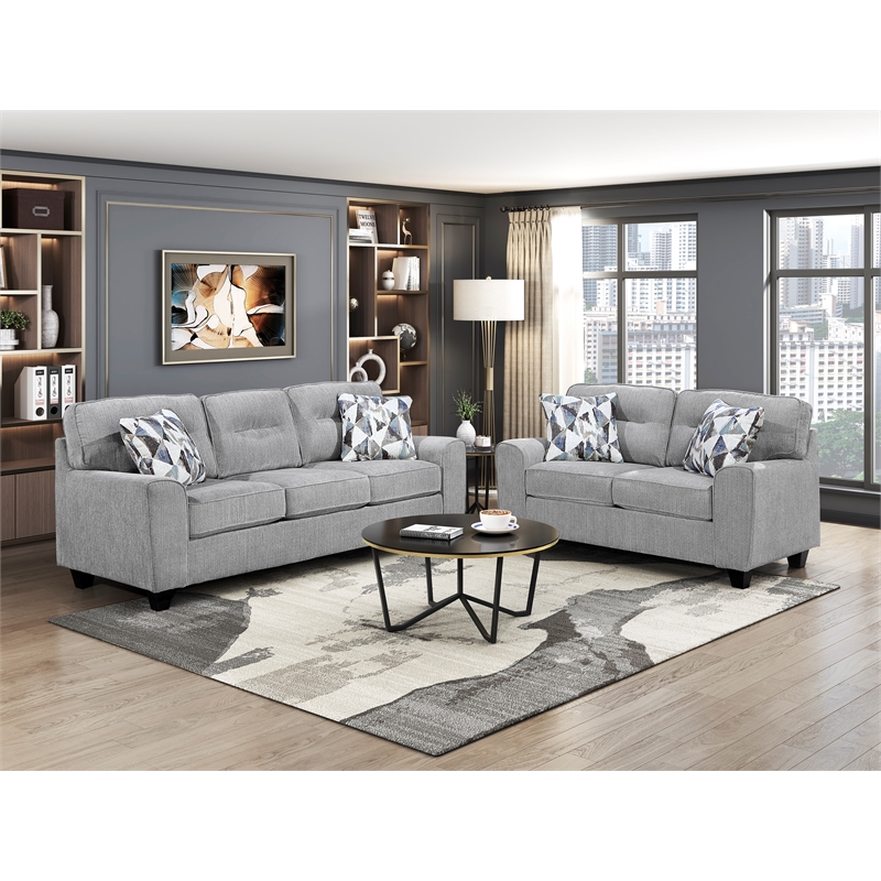 Pemberly Row Chenille Sofa and Loveseat Set with Reversible Cushions in Gray