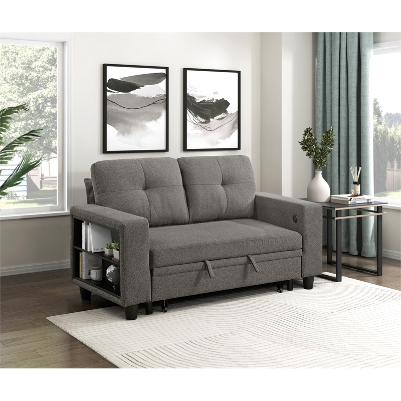 Pemberly Row Boucle Loveseat with Pull-Out Bed USB Charging & Shelves in Brown