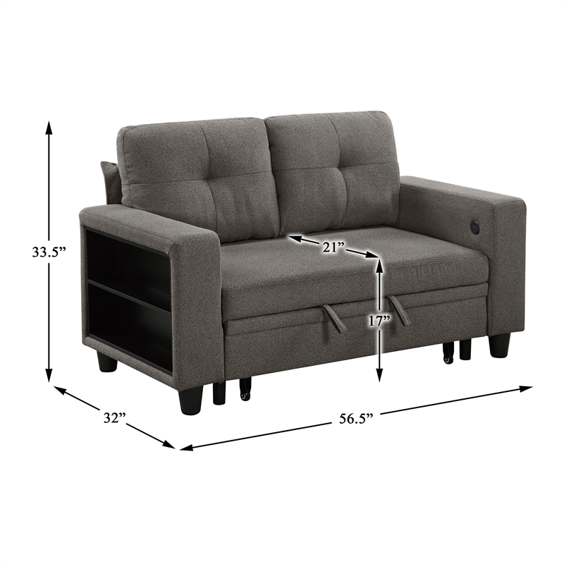 Pemberly Row Boucle Loveseat with Pull-Out Bed USB Charging & Shelves in Brown