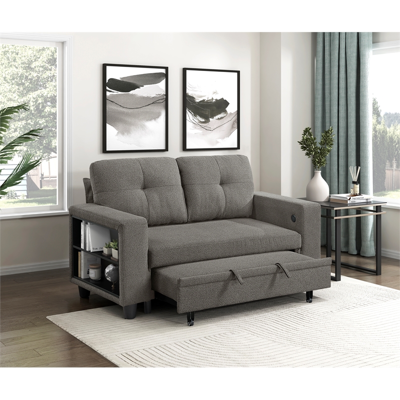 Pemberly Row Boucle Loveseat with Pull-Out Bed USB Charging & Shelves in Brown