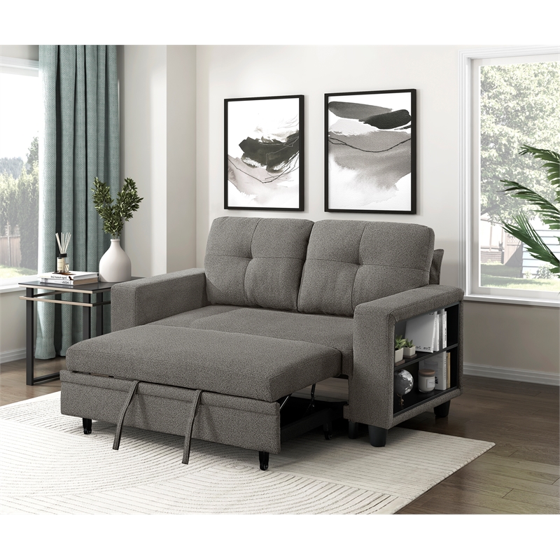 Pemberly Row Boucle Loveseat with Pull-Out Bed USB Charging & Shelves in Brown