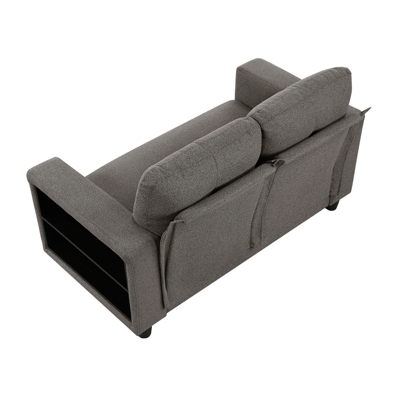 Pemberly Row Boucle Loveseat with Pull-Out Bed USB Charging & Shelves in Brown