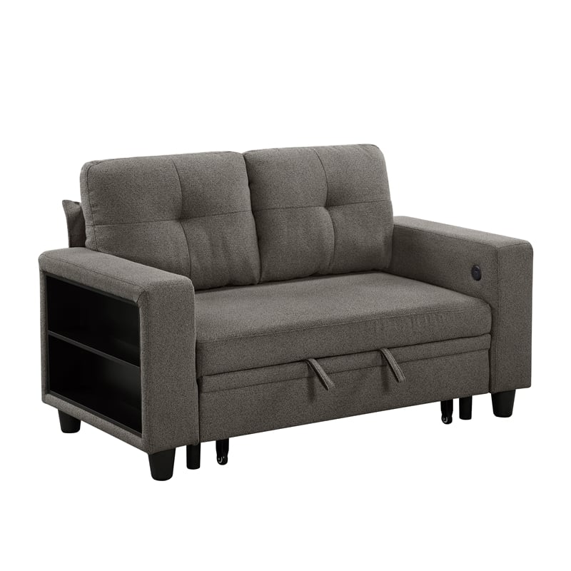 Pemberly Row Boucle Loveseat with Pull-Out Bed USB Charging & Shelves in Brown