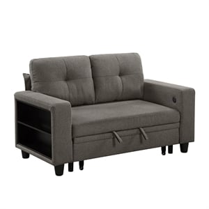 Pemberly Row Boucle Loveseat with Pull-Out Bed USB Charging & Shelves in Brown
