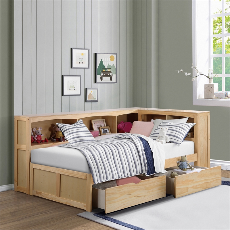 Pemberly Row Twin Bookcase Corner Bed with Under-Bed Storage in Natural Pine
