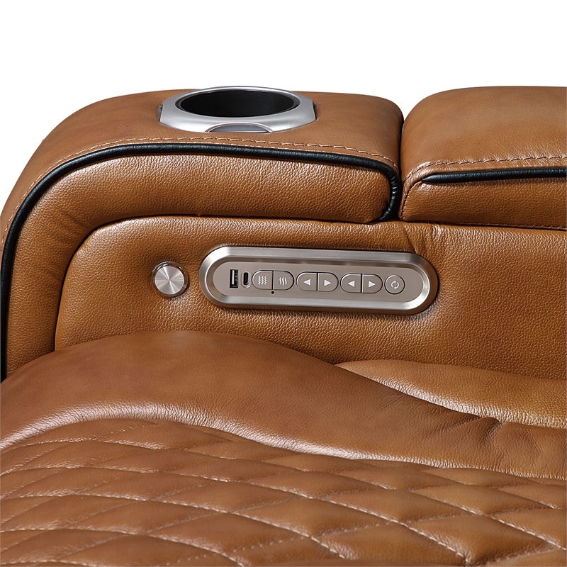 Pemberly Row Top-Grain Leather Power Reclining Sofa and Loveseat Set in Brown